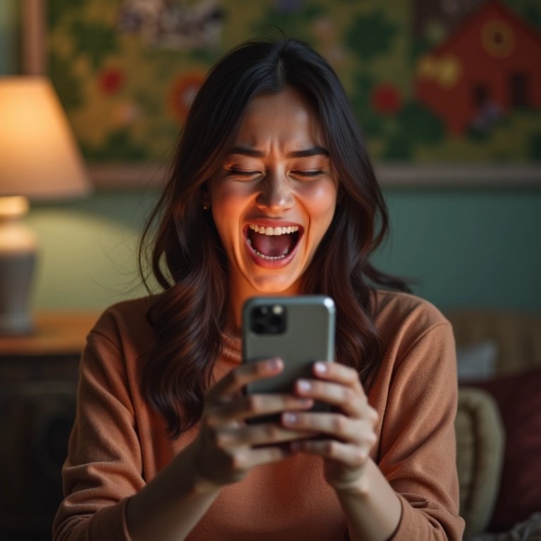 Mulher rindo histericamente assistindo vídeo engraçado.