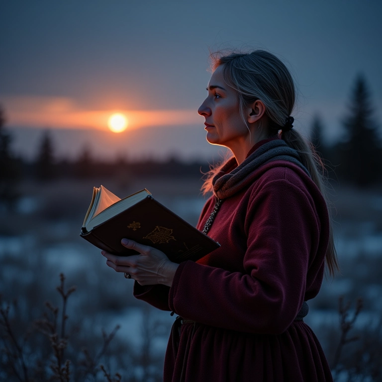 Mulher Sami contando histórias sob o sol da meia-noite
