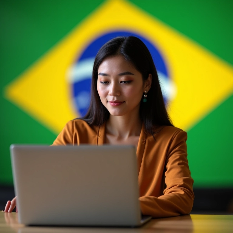Mulher se cadastrando no MEI através do laptop com bandeira do Brasil ao fundo.
