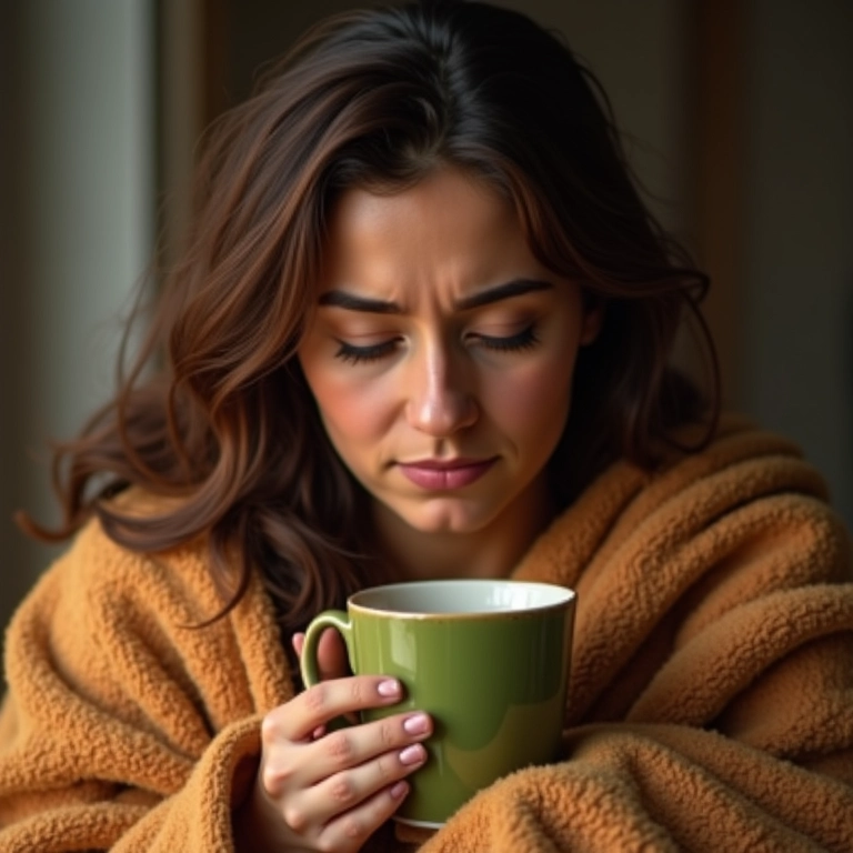 Mulher se confortando após dia difícil com chá brasileiro e cobertor.
