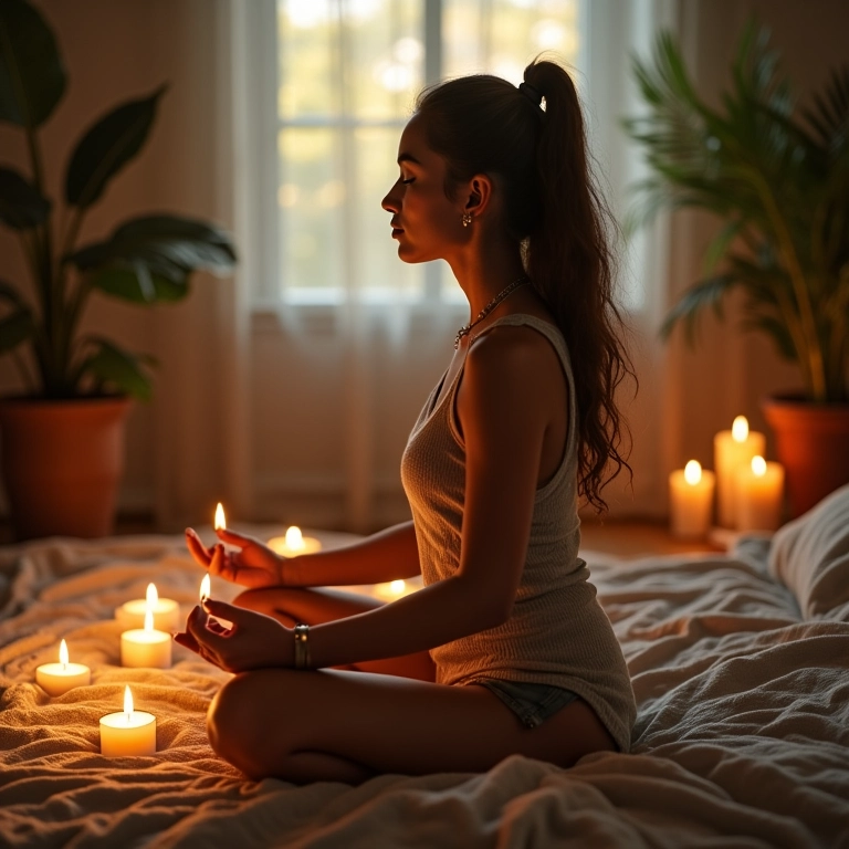 Mulher se preparando para viagem astral em ambiente tranquilo com velas.