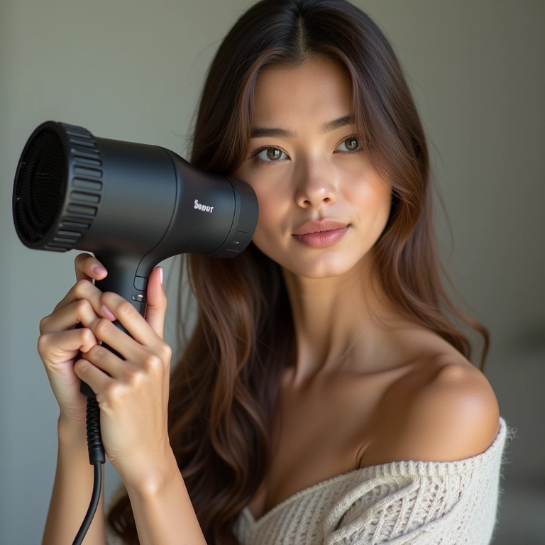Mulher secando o cabelo selado com difusor.