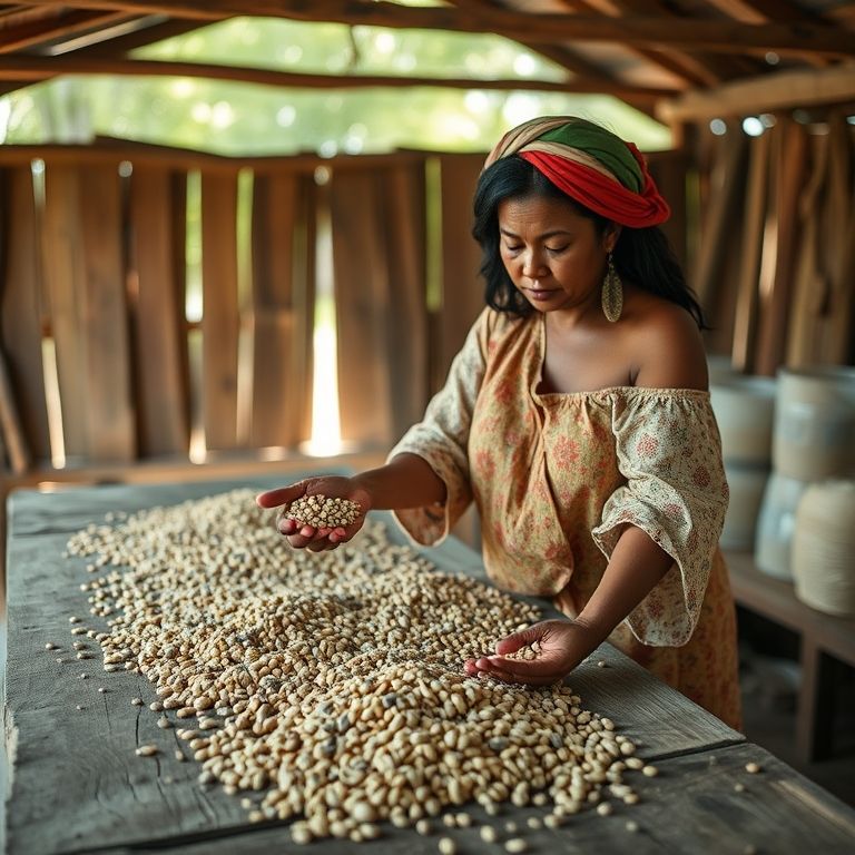 Mulher secando sementes em mesa de fazenda brasileira.