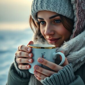 Qual A Diferença Entre Calor E Temperatura Conceitos Fundamentais Da Termodinâmica Mulher segurando caneca quente em paisagem gelada, ilustrando calor e frio.
