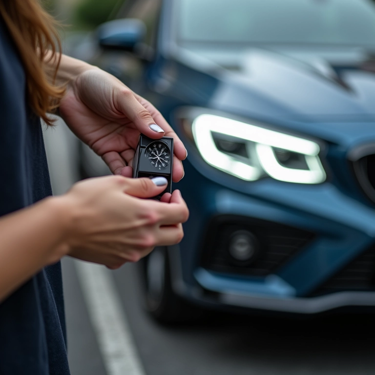 Mulher segurando ferramenta de ajuste de farol.