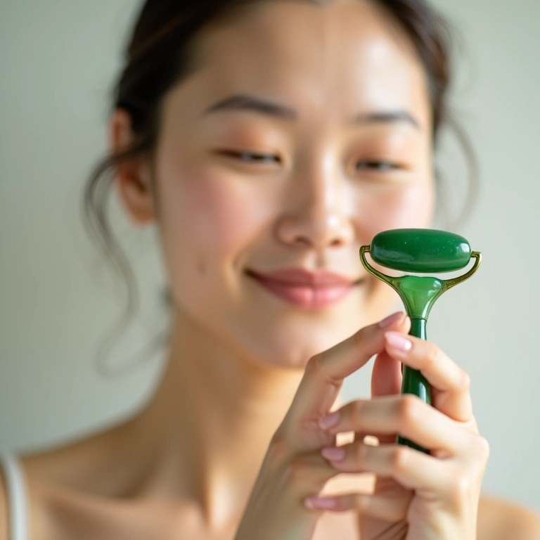 Mulher segurando jade roller, foco nos benefícios do skincare.