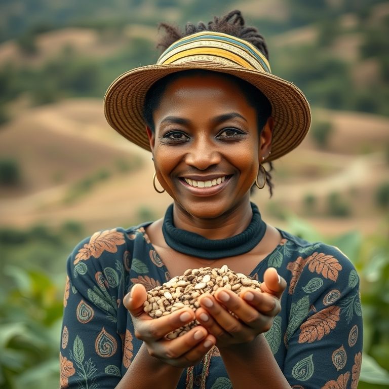 Mulher segurando sementes com paisagem brasileira ao fundo.