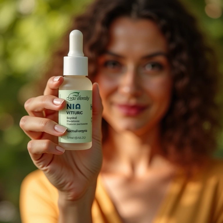 Mulher segurando Sérum Facial Anti-idade Bakuchiol da Simple Organic.