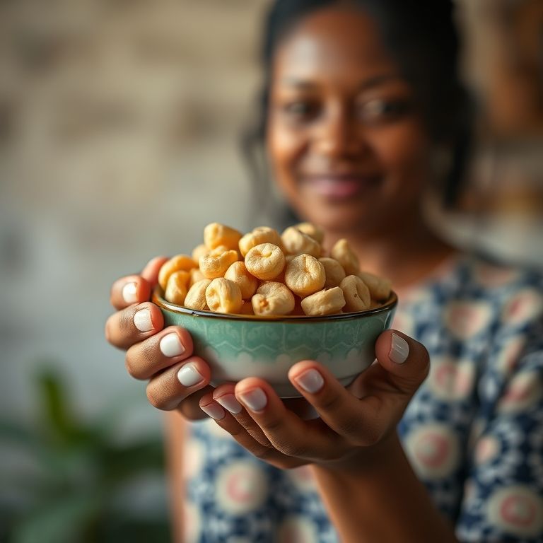 Mulher segurando tigela com doces de amendoim, sorriso acolhedor.