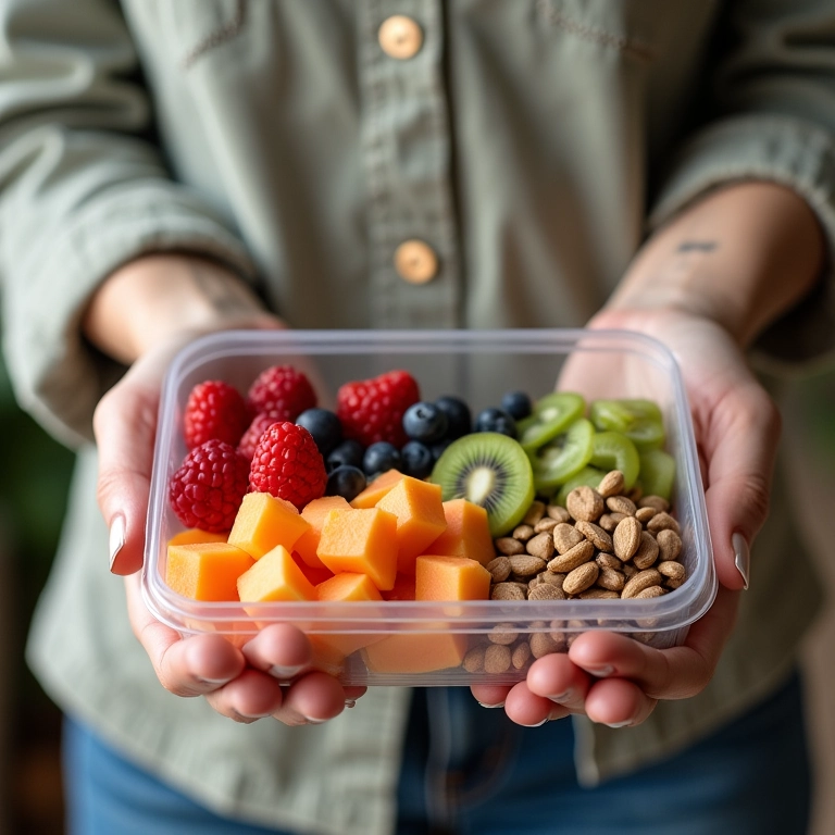 Mulher segurando um pote de frutas cortadas e um saco de castanhas, lanches saudáveis.