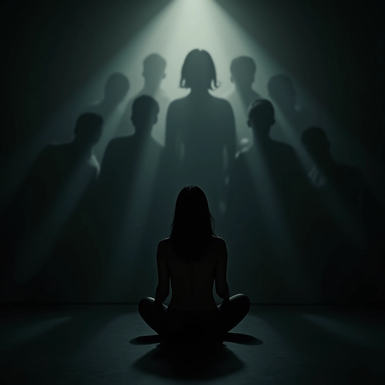 Mulher sentada sozinha em um quarto escuro, cercada por sombras representando pensamentos negativos.