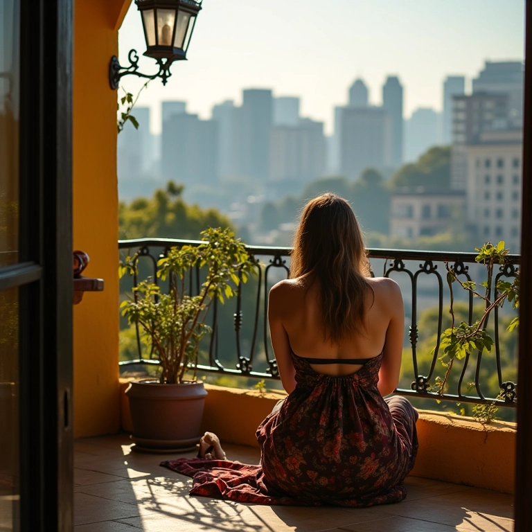 Mulher sentada sozinha em uma varanda, com expressão melancólica, simbolizando isolamento social.