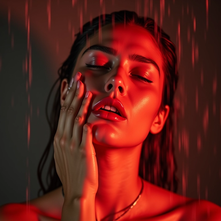 Mulher sentindo a água quente do chuveiro queimar a pele.