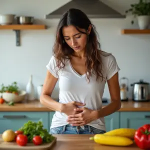 Mulher sentindo desconforto abdominal após comer, com alimentos saudáveis ao redor.