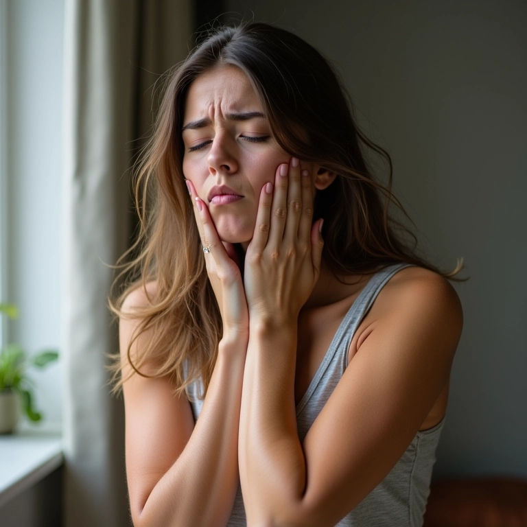 Mulher sentindo desconforto após consumir glúten.