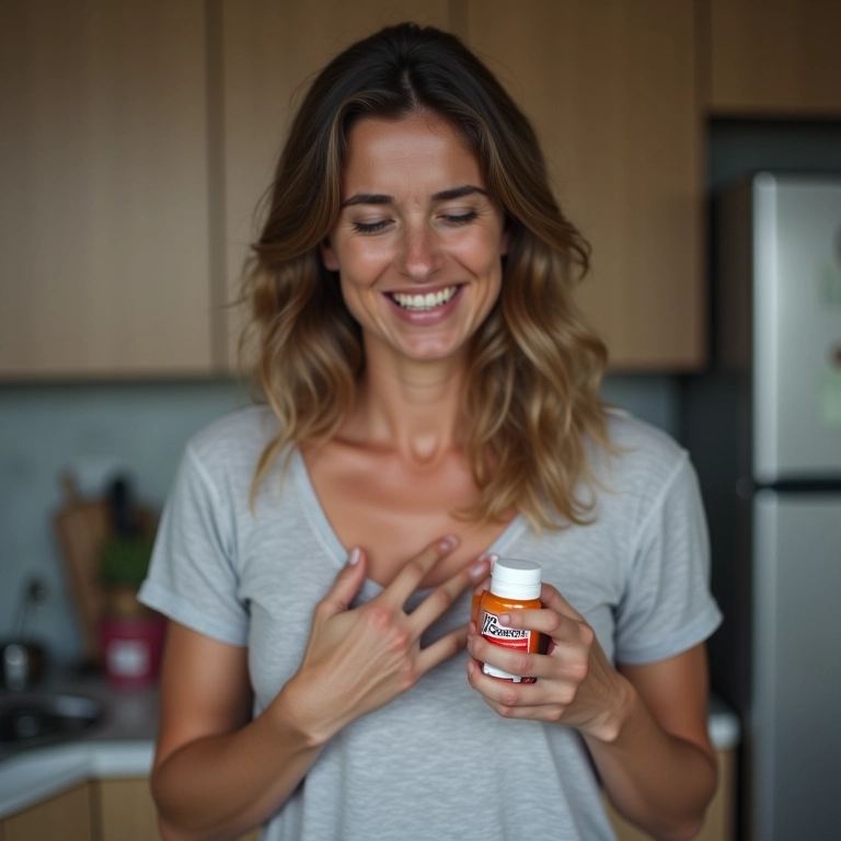 Mulher sentindo dor no peito, pegando um antiácido.