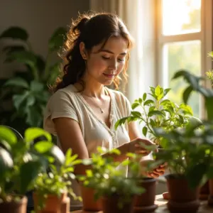 Mulher serena cultivando plantas em casa, representando o Ikigai.