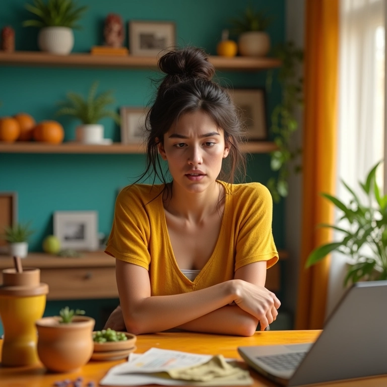 Mulher sobrecarregada tentando lidar com múltiplas tarefas em casa, simbolizando dificuldade em lidar com problemas.