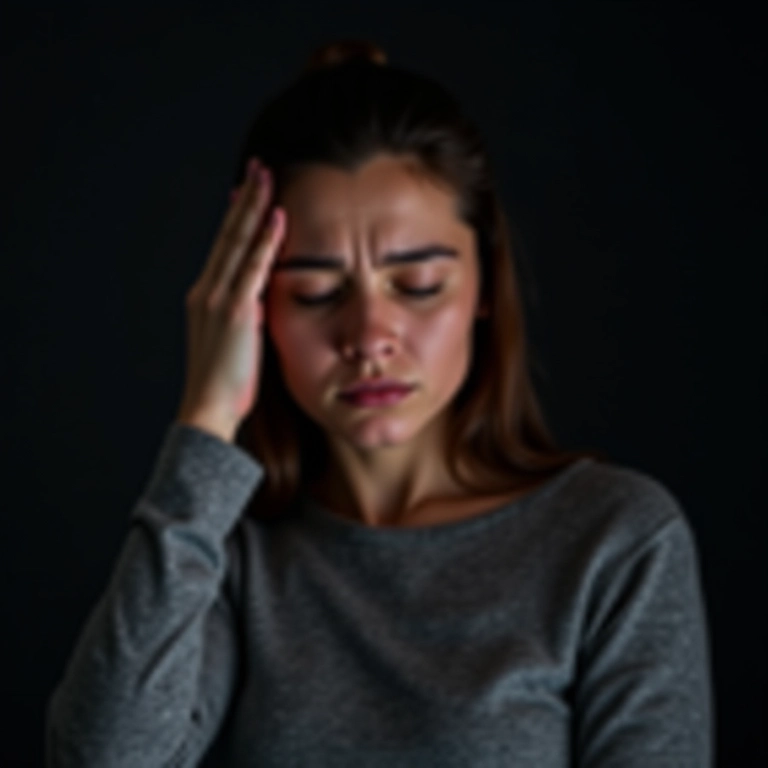 Mulher sofrendo com enxaqueca, com a mão na cabeça em um quarto escuro.
