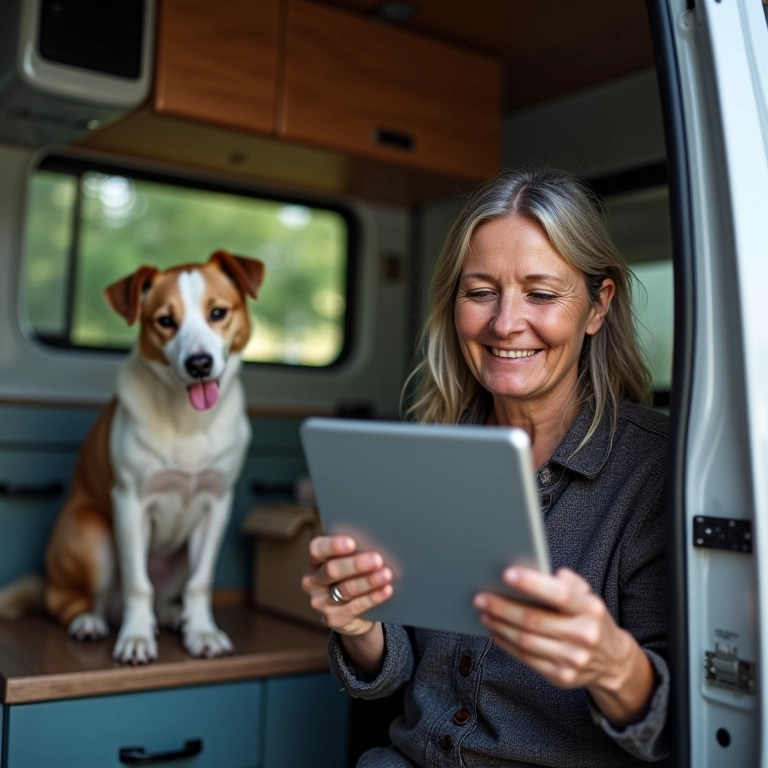 Mulher solicita crédito facilitado para pet shop móvel usando tablet.