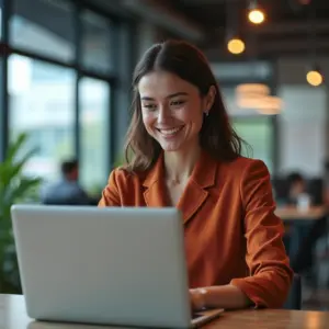 Passo a Passo Para Abrir MEI Online Sem Complicação Mulher sorrindo abrindo MEI online no laptop.