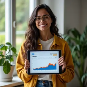 Carteira de investimentos: Monte a sua em 4 passos Mulher sorrindo analisa carteira de investimentos em tablet.