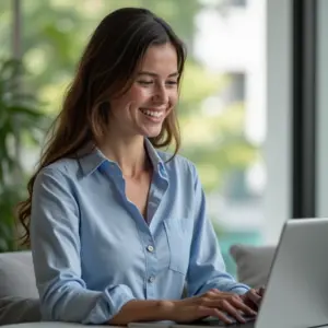 Mulher sorrindo analisa gráficos financeiros no laptop, focada em amortização de dívidas.