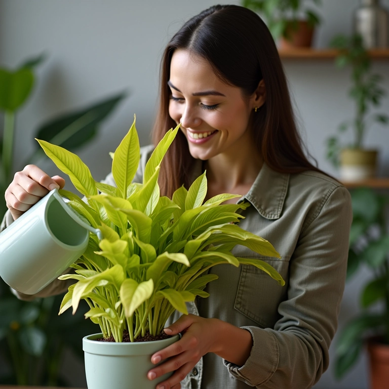 Mulher sorrindo ao regar planta saudável, após solucionar o problema das folhas amarelas.