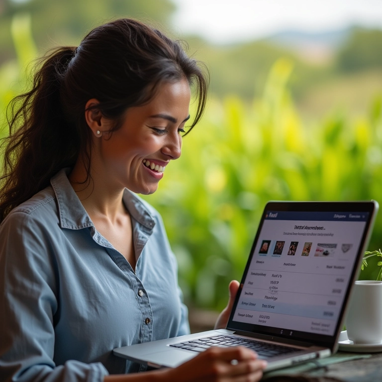 Mulher sorrindo ao reservar passagens aéreas mais baratas com VPN ativada.