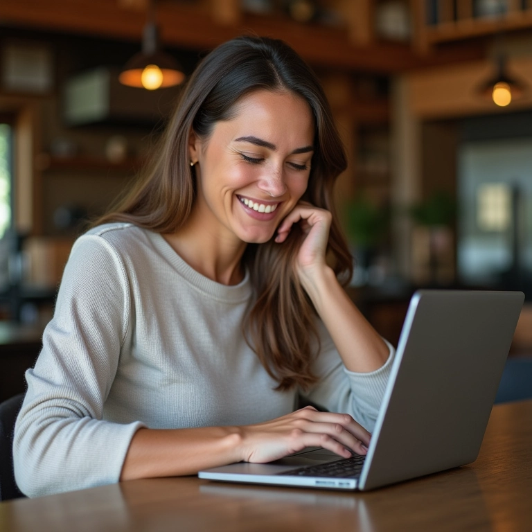 Mulher sorrindo ao ver recomendações personalizadas online, destacando os benefícios dos cookies.