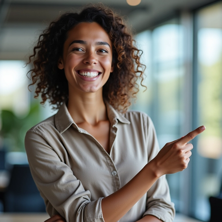 Mulher sorrindo, apontando para gráfico de crescimento da empresa.