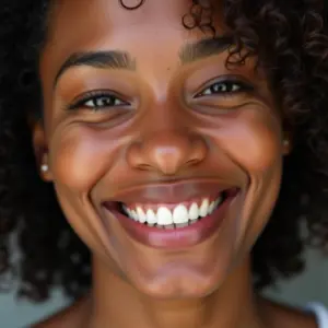 Mulher sorrindo após rinomodelação, celebrando a beleza natural.