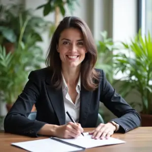 Mulher sorrindo assinando formulário MEI para montador de stands em coworking moderno.