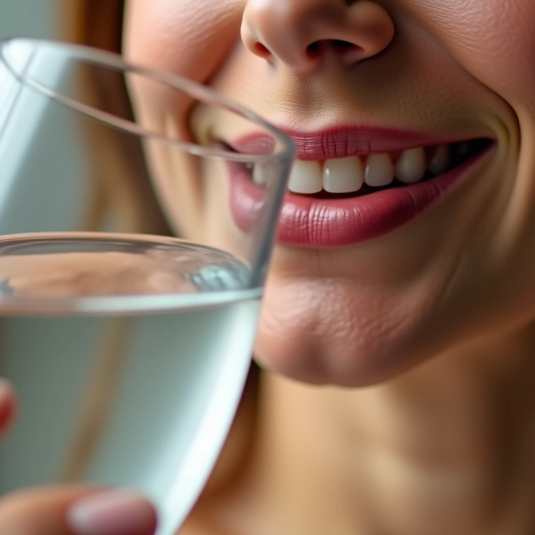 Mulher sorrindo bebendo água com lábios hidratados.