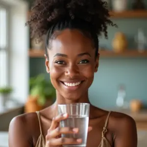 Beber Água Melhora a Pele- A Resposta Definitiva Mulher sorrindo bebendo água, pele saudável e radiante.