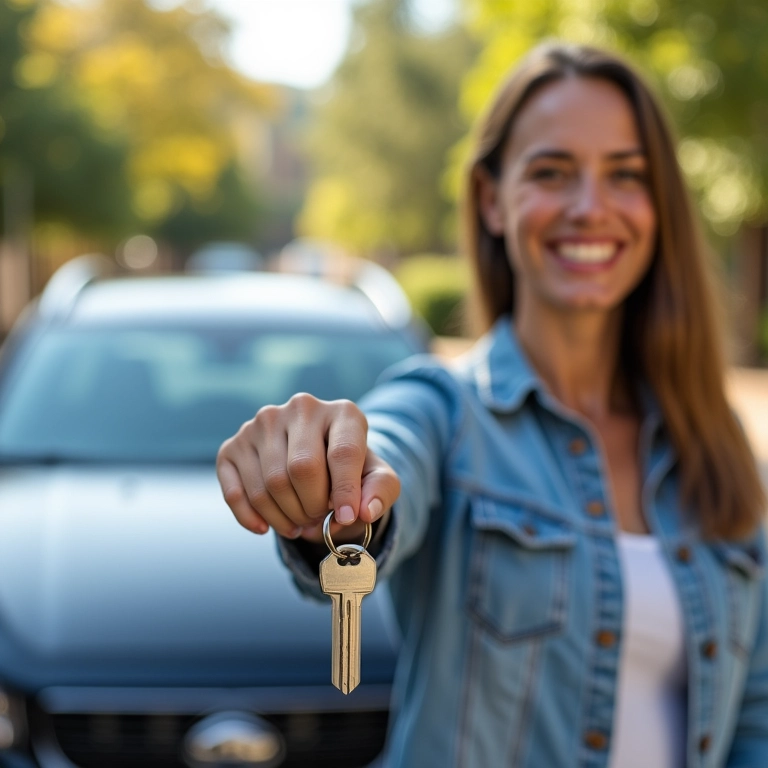 Mulher sorrindo com as chaves do carro novo comprado em leilão extrajudicial.