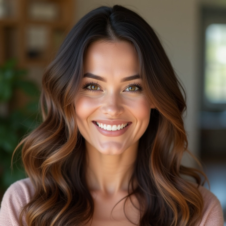 Mulher sorrindo com cabelo brilhante e saudável após selagem.