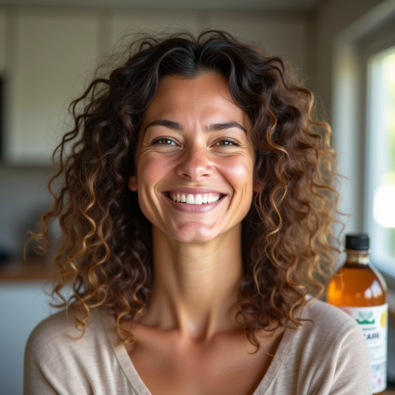 Mulher sorrindo com cabelo livre de caspa após o uso de vinagre de maçã.