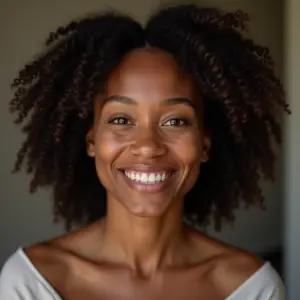 MMP Capilar: O Microagulhamento que Trata a Calvície Mulher sorrindo com cabelo saudável após MMP capilar.