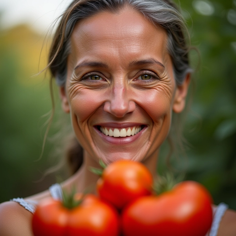 Mulher sorrindo com pele radiante segurando tomates frescos, representando os benefícios para a pele.