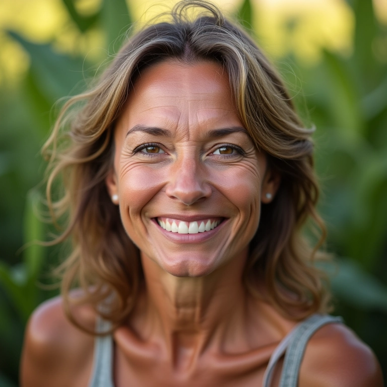 Mulher sorrindo com rugas minimizadas, demonstrando os benefícios do Bakuchiol na redução de rugas.