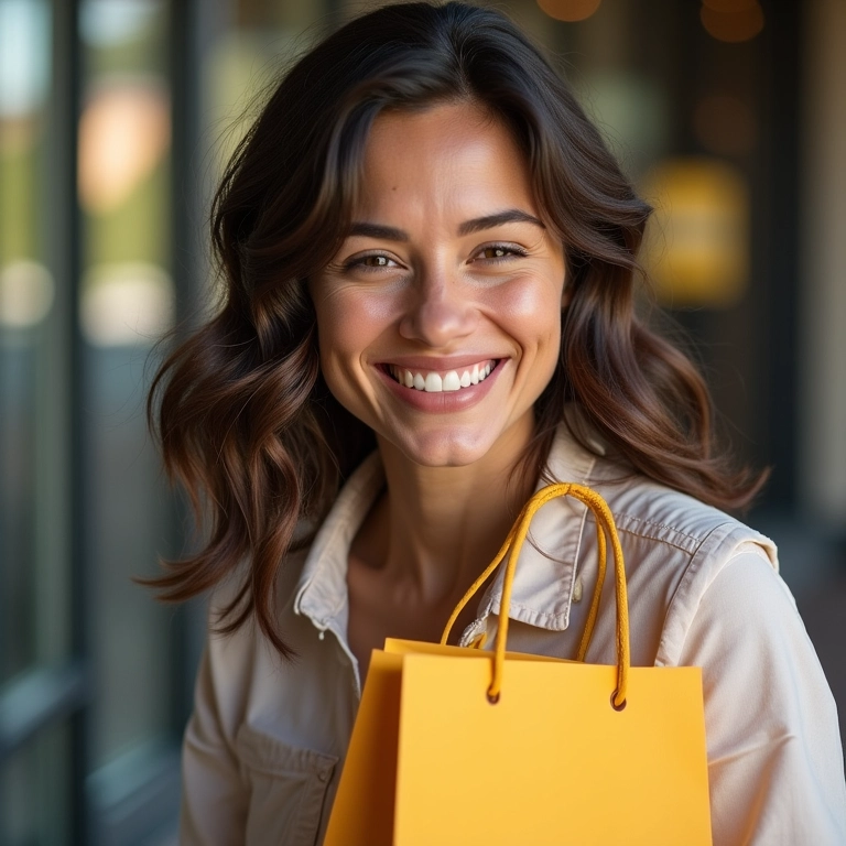 Mulher sorrindo com sacola de compras, representando emoção e desejo de compra.