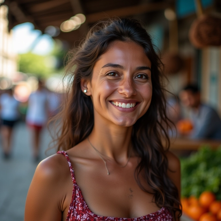 Mulher sorrindo confiantemente em um mercado brasileiro vibrante.
