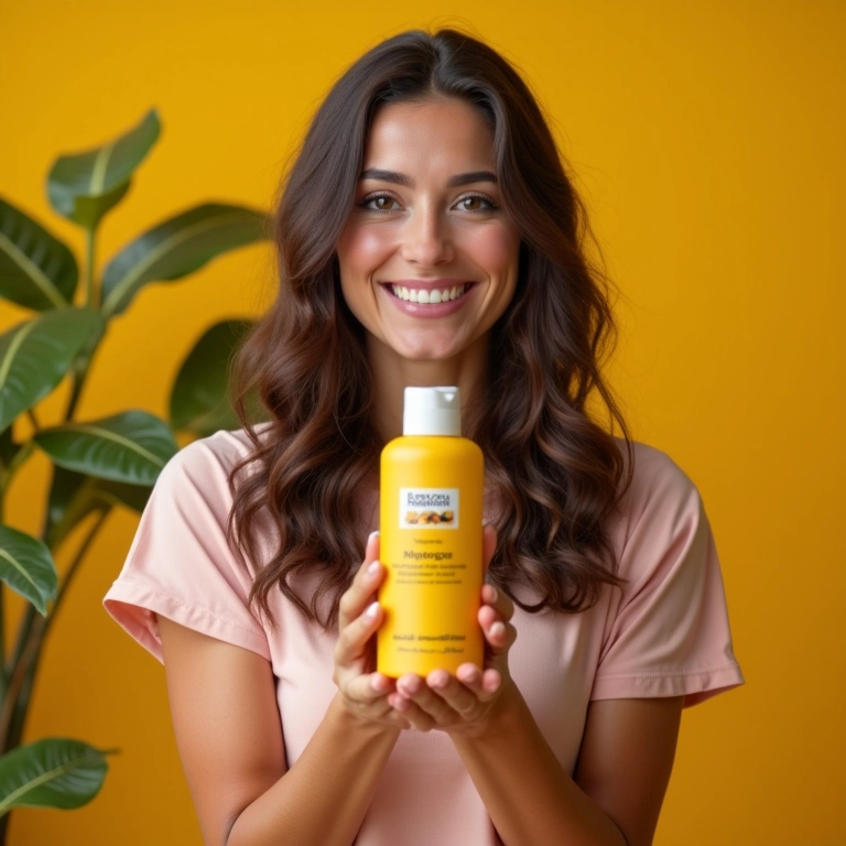 Mulher sorrindo destaca benefícios de produto com gestos.