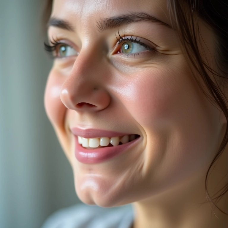 Mulher sorrindo durante aplicação de preenchimento de mandíbula, sem dor.