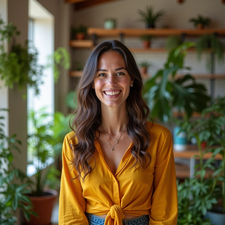 Mulher sorrindo em casa geminada renovada, cercada por plantas e decoração colorida.