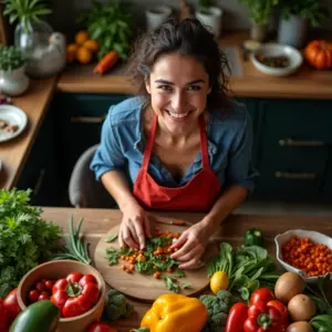 Mulher sorrindo em cozinha colorida, preparando ingredientes para renda extra.
