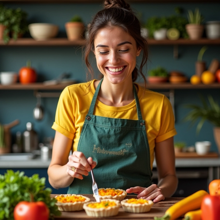 Mulher sorrindo em cozinha colorida preparando recheios para tortas de legumes.