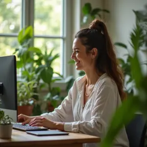 Assistente Virtual Como Começar Sua Carreira Home Office Mulher sorrindo em home office vibrante, trabalhando como assistente virtual.