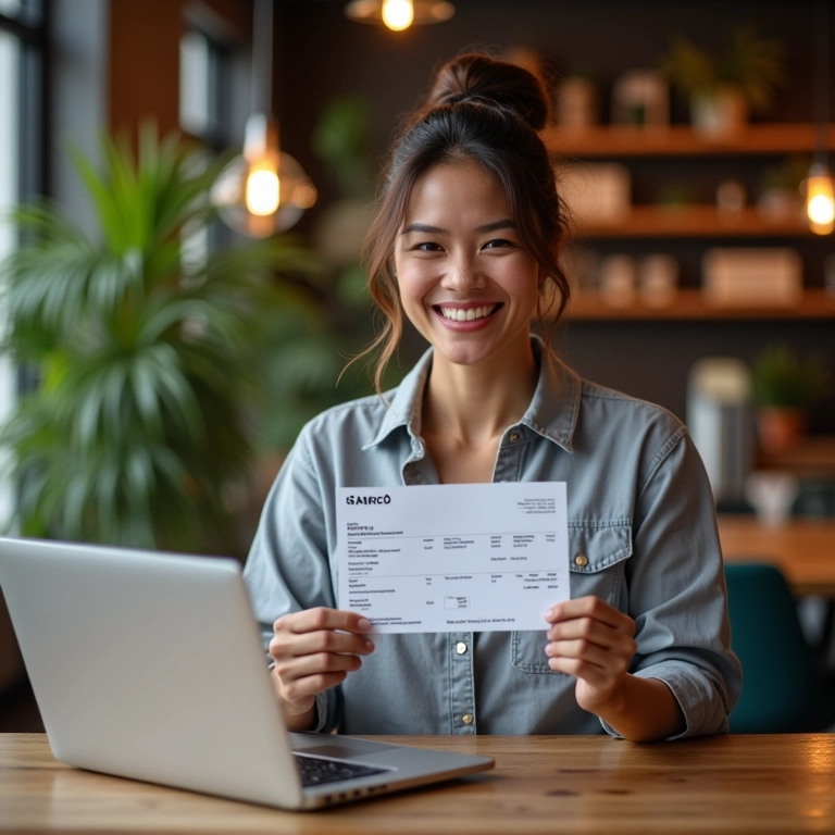 Mulher sorrindo em um coworking, emitindo nota fiscal com seu CNPJ de MEI.